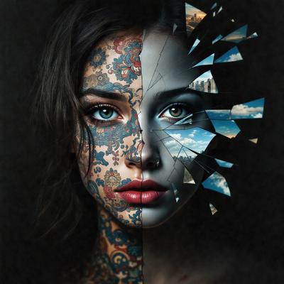 The primary subject of the image is a woman with tattoos on her face. She is wearing a necklace and has a piercing in her nose. The setting is a black background, which creates a dramatic and artistic effect. The visual style is a combination of a photo and digital art, as the woman's face is digitally altered to showcase her tattoos and piercing. The colors and mood of the image are dark and intense, with the woman's tattoos and piercing